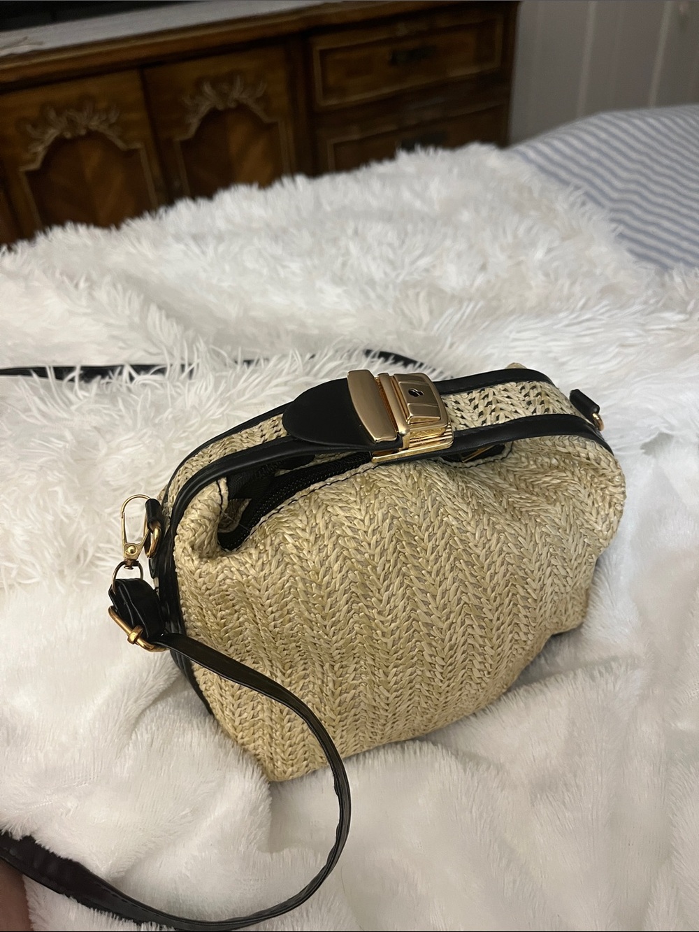 Woven Straw Crossbody Bag with Black Trim and Gold Hardware